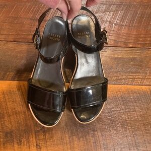 Stuart Weitzman Black Patent Leather Cork Wedge Sandals | size 7